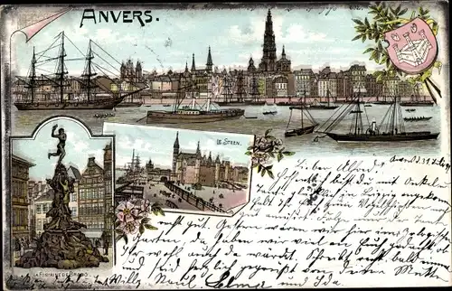 Litho Anvers Antwerpen Flandern, Le Steen, Fontaine, Blick auf den Ort