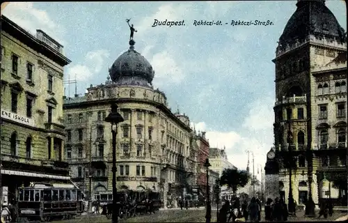 Ak Budapest Ungarn, Rakoczistraße, Straßenbahn, Iskola