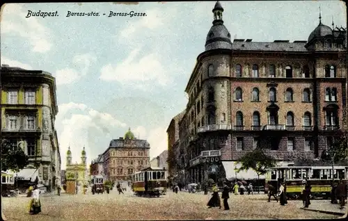 Ak Budapest Ungarn, Baross Gasse, Straßenbahnen