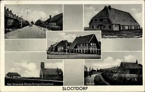 Ak Slootdorp Nordholland, Kerkstraat, De Brink, Hotel Smit, Ned. Herv. Kerk. en Kon. Emmahoeve