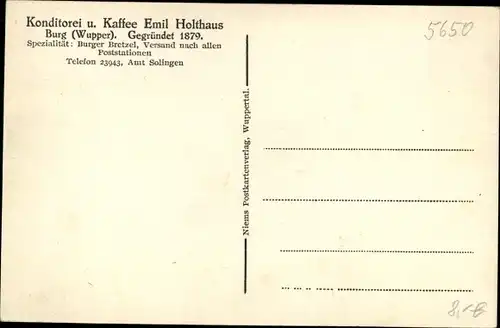 Ak Burg an der Wupper Solingen, Konditorei und Cafe Emil Holthaus