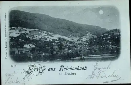 Mondschein Ak Reichenbach Lautertal im Odenwald, Blick auf den Ort