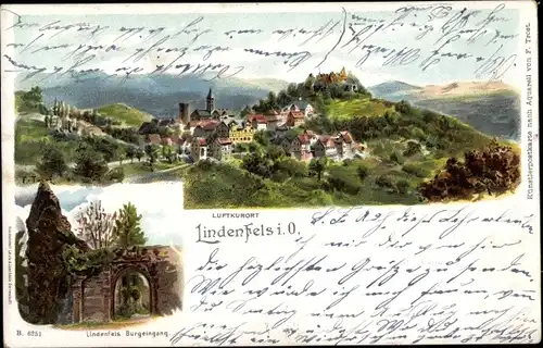 Litho Lindenfels im Odenwald, Burgeingang, Blick auf den Ort