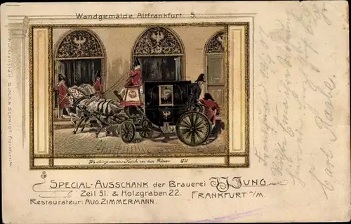 Passepartout Litho Frankfurt am Main, Brauerei Jung, Zeil, Holzgraben 22, Kutsche vor dem Römer