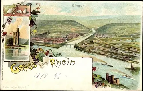 Litho Bingen am Rhein, Panorama, Vogelschau, Mäuseturm