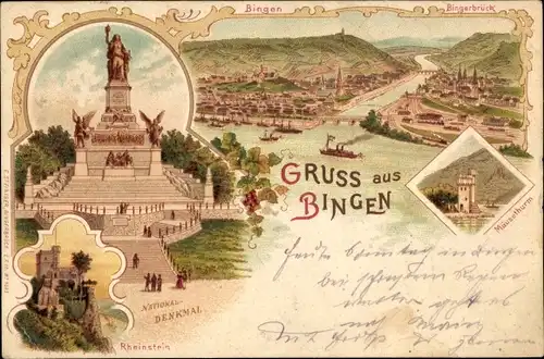 Litho Bingen am Rhein, Nationaldenkmal, Rheinstein, Bingerbrück