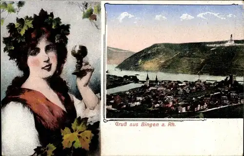 Ak Bingen Rhein, Gesamtansicht und Frau mit Weinglas
