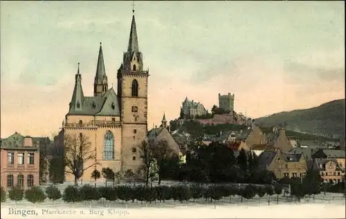 Ak Bingen am Rhein, Pfarrkirche u. Burg Klopp