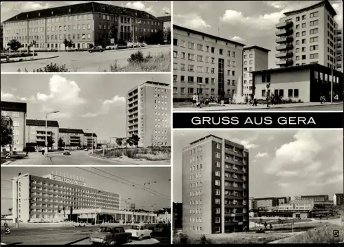 Ak Gera in Thüringen, Bergarbeiterpoliklinik, Interhotel Gera, Kaufhalle Nord in Bieblach, Hochhaus