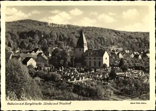 Ak Seeheim Jugenheim an der Bergstraße, Kirche mit Friedhof