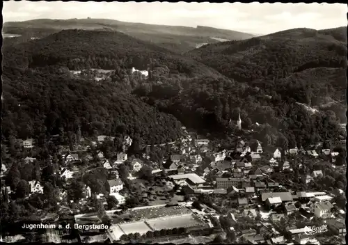 Ak Jugenheim an der Bergstrasse Hessen, Teilansicht mit Schwimmbad, Vogelschau