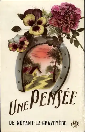 Ak Noyant la Gravoyère Maine et Loire, Une Pensee, Hufeisen, Stiefmütterchen