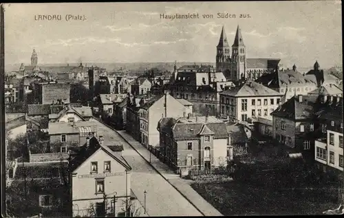 Ak Landau in der Pfalz, Hauptansicht von Süden aus, Straße, Kirche