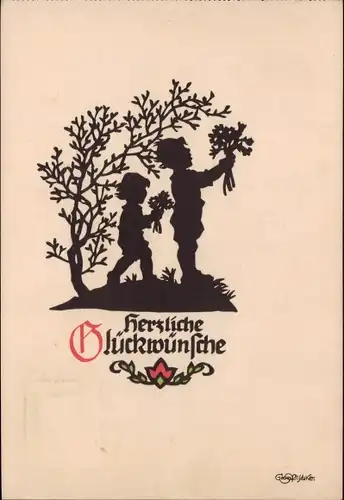 Scherenschnitt Ak Plischke, Georg, Glückwunsch, Kinder mit Blumen