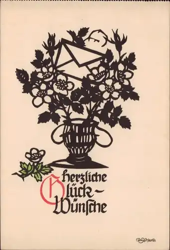 Scherenschnitt Ak Plischke, Georg, Glückwunsch, Blumenstrauß