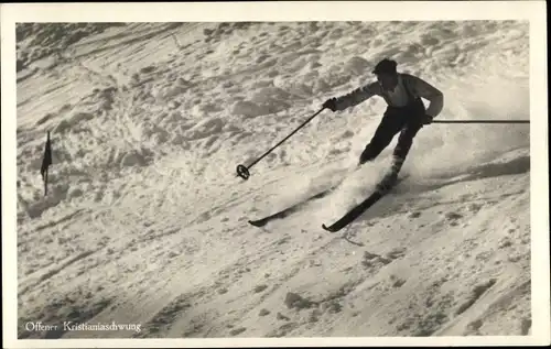 Foto Ak Mann auf Skiern, offener Kristianiaschwung