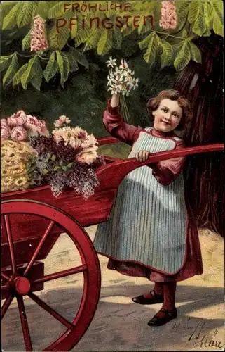 Ak Glückwunsch Pfingsten, Mädchen mit Blumenkarren