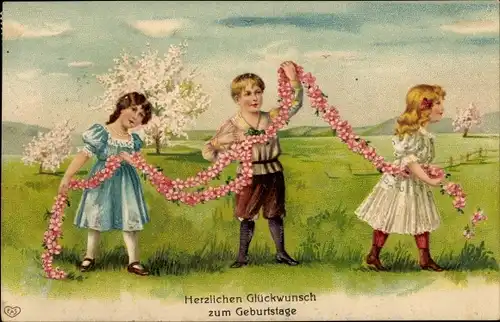 Ak Glückwunsch Geburtstag, Kinder mit Blumenranke