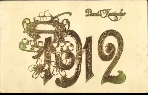 Präge Litho Glückwunsch Neujahr, Jahreszahl 1912, Punschschüssel