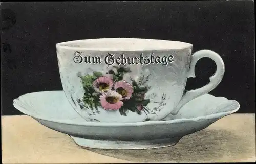 Ak Glückwunsch Geburtstag, Geblümte Teetasse mit Untertasse