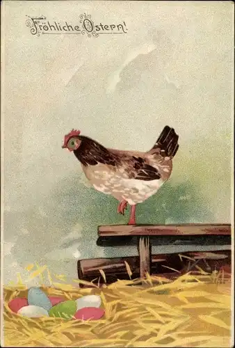 Litho Glückwunsch Ostern, Huhn und bunte Ostereier