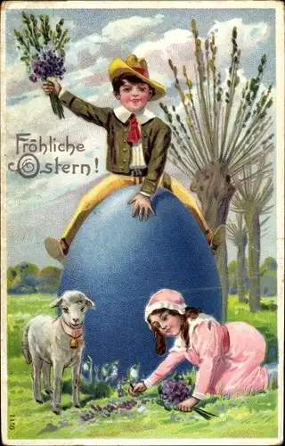 Präge Litho Glückwunsch Ostern, Junge auf großem Osterei, Mädchen, Lamm