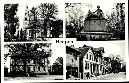 Ak Heepen Bielefeld in Nordrhein Westfalen, Kirche, Ehrenmal, Amtshaus, Eckendorfer Straße