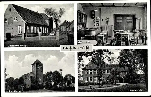 Ak Merfeld Dülmen im Münsterland, Gasthof Boinghoff, Pfarrkirche, Haus Merfeld