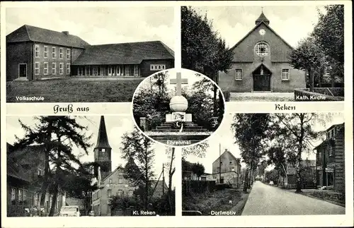 Ak Reken in Westfalen, Kirche, Volksschule, Dorfmotiv, Ehrenmal