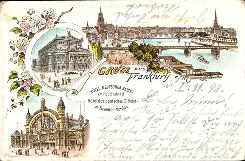 Litho Frankfurt am Main, Hotel Deutscher Kaiser, Opernhaus, Bahnhof