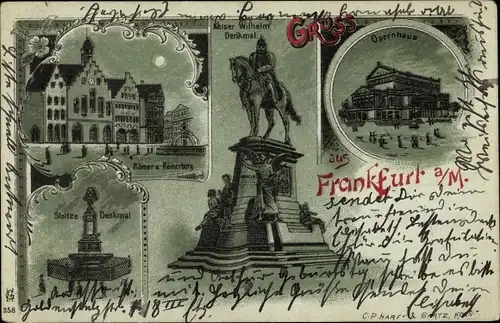 Mondschein Litho Frankfurt am Main, Opernhaus, Kaiser Wilhelm Denkmal, Römer, Römerberg, Nacht