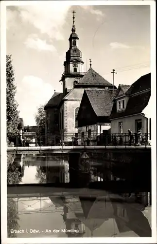 Ak Erbach im Odenwald Hessen, An der Mümling, Brücke, Kirchturm