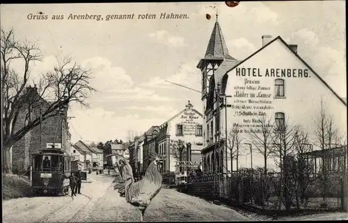 Ak Arenberg Koblenz am Rhein, Hotel Arenberg, Roter Hahn, Straßenbahn