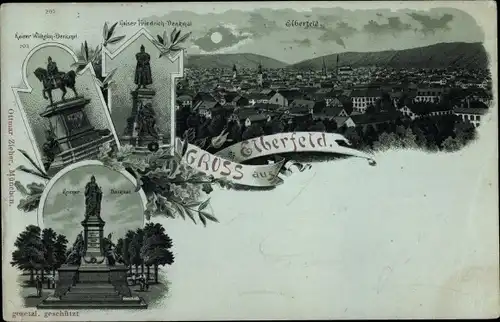 Mondschein Litho Elberfeld Wuppertal, Denkmal Kaiser Friedrich, Kriegerdenkmal, Blick auf den Ort