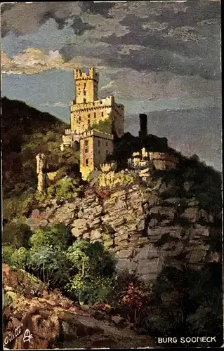 Künstler Ak Niederheimbach, Blick auf die Burg Sooneck, Felsen