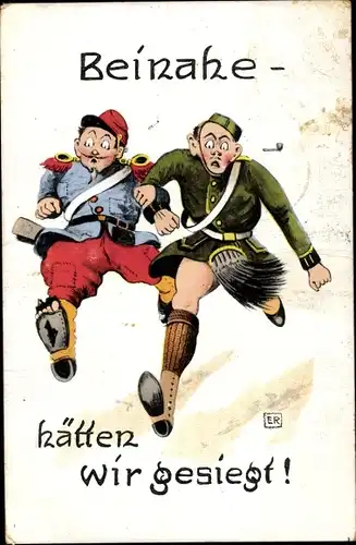 Künstler Ak Beinahe hätten wir gesiegt, Karikatur, Franzose und Schotte auf der Flucht