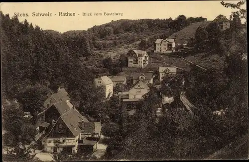 Ak Rathen an der Elbe Sächsische Schweiz, Teilansicht, Blick v. Basteiweg