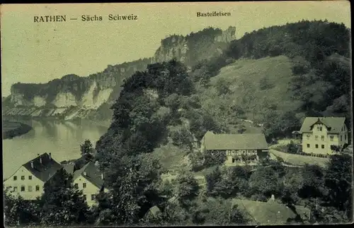 Ak Rathen an der Elbe Sächsische Schweiz, Teilansicht, Blick v. Basteifelsen