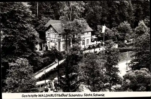 Ak Bad Schandau Sächsische Schweiz, Gaststätte Waldhäusl, Gartenterrasse, Tram