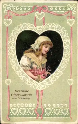 Präge Litho Glückwunsch Geburtstag, Mädchen mit Blumen, Herzen