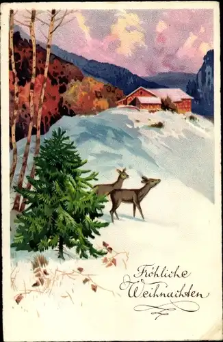 Ak Glückwunsch Weihnachten, Winterlandschaft mit Rehen