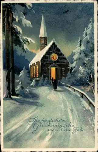 Ak Glückwunsch Neujahr, Winterlandschaft mit Kirche