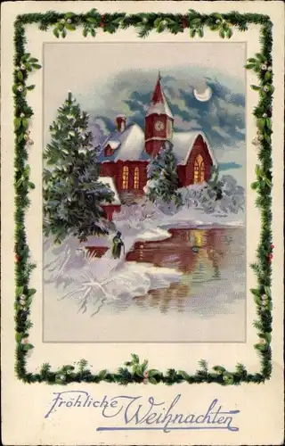 Ak Glückwunsch Weihnachten, Winterlandschaft mit Kirche, Mondschein