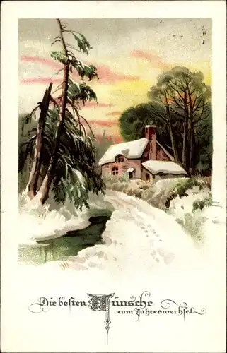 Ak Glückwunsch Neujahr, Winterlandschaft mit Haus