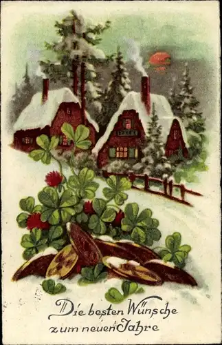 Ak Glückwunsch Neujahr, Winterlandschaft mit Häusern, Kleeblätter, Münzen