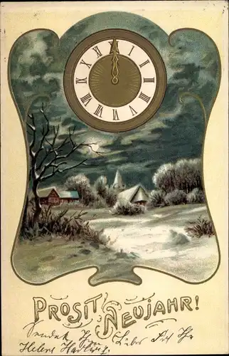 Präge Litho Glückwunsch Neujahr, Winterlandschaft, Mondschein, Uhr