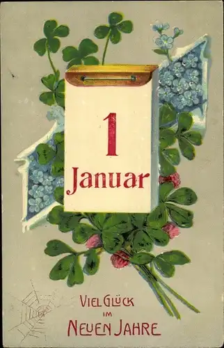 Präge Litho Glückwunsch Neujahr, Kalender, 1 Januar, Kleeblätter, Spinnennetz