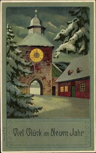 Präge Litho Glückwunsch Neujahr, Straßenpartie in einem Ort im Winter, Turm, Uhr