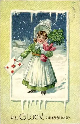 Winter Präge Litho Glückwunsch Neujahr, Mädchen mit Kleeblättern und Brief
