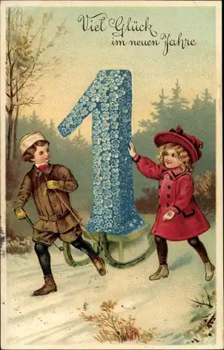 Präge Litho Glückwunsch Neujahr, Junge und Mädchen mit Zahl Eins auf einem Schlitten
